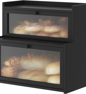 Double Layer Bamboo Bread Box for Kitchen Counter,Bread Holder,Countertop Bread Storage with Window (Black)