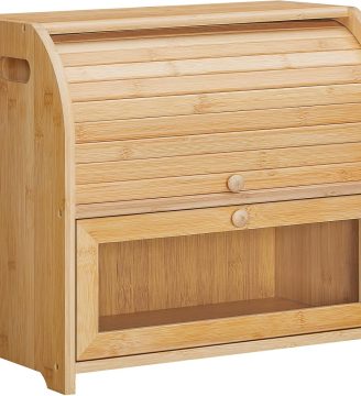 HOOBRO Bread Box, Bamboo Bread Box for Kitchen Countertop, 2 Tier Roll-Top Bread Bin, Food Storage Box, Large Capacity Keeper, Wooden Storage Cabinet, for Kitchen, Dining Room, Natural YL13MB01